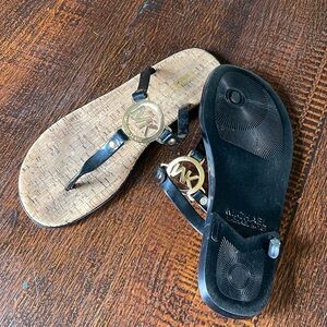Michael Kors Cork Black Gold Metal Flip Flop Size 8